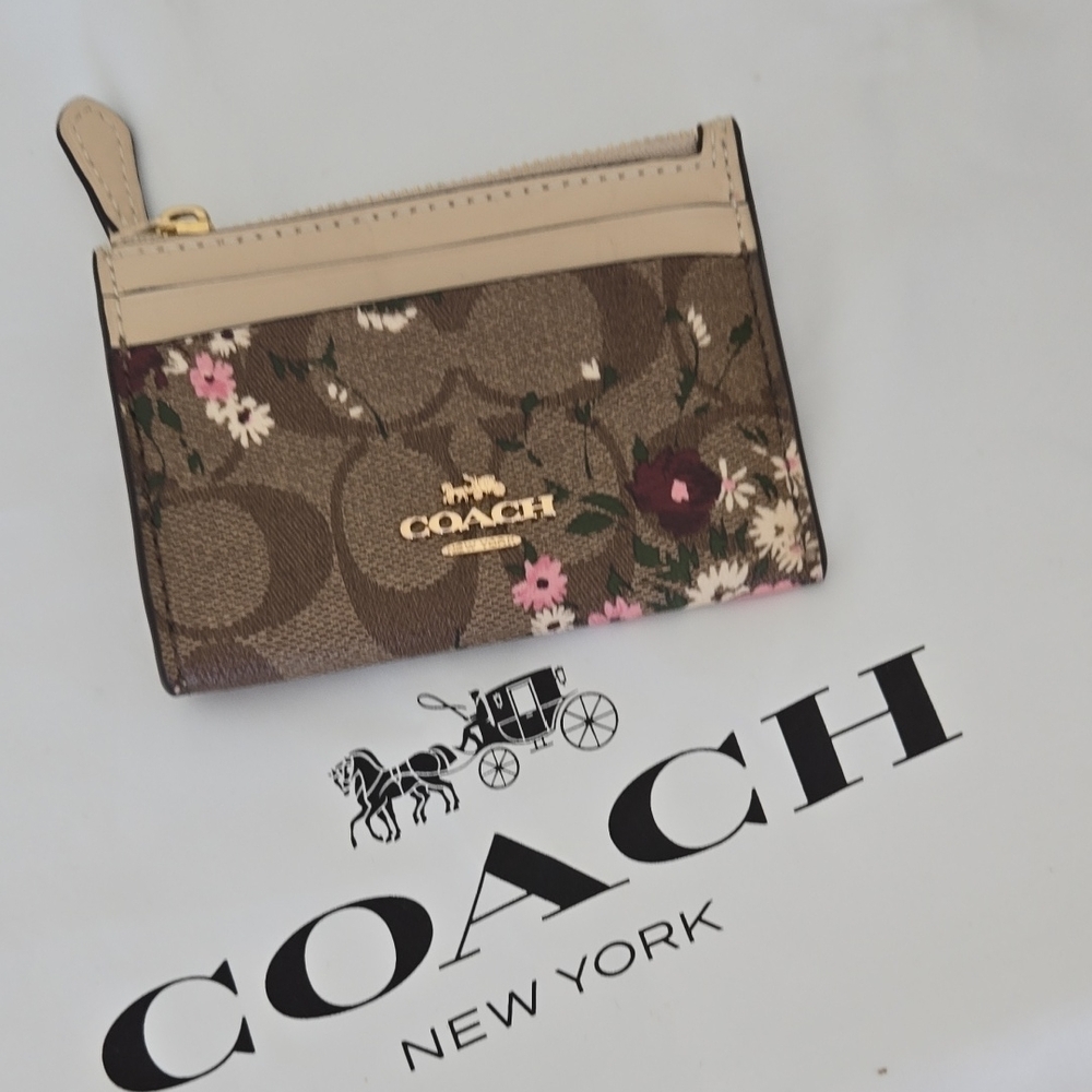 Coach Brown and Cream Floral Card Case